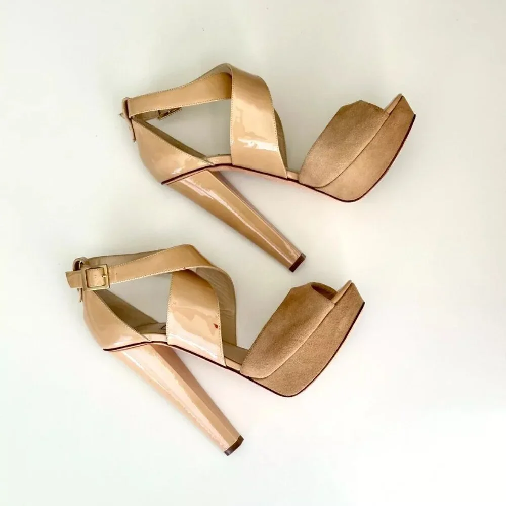 JIMMY CHOO Patent Leather Suede Platform Ankle Strap Sandals in Nude Size US 9
